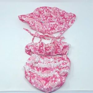 Wee Wave Pink & White Floral 3 Piece Bikini Hat Set Baby Girl Size 6-9 Months